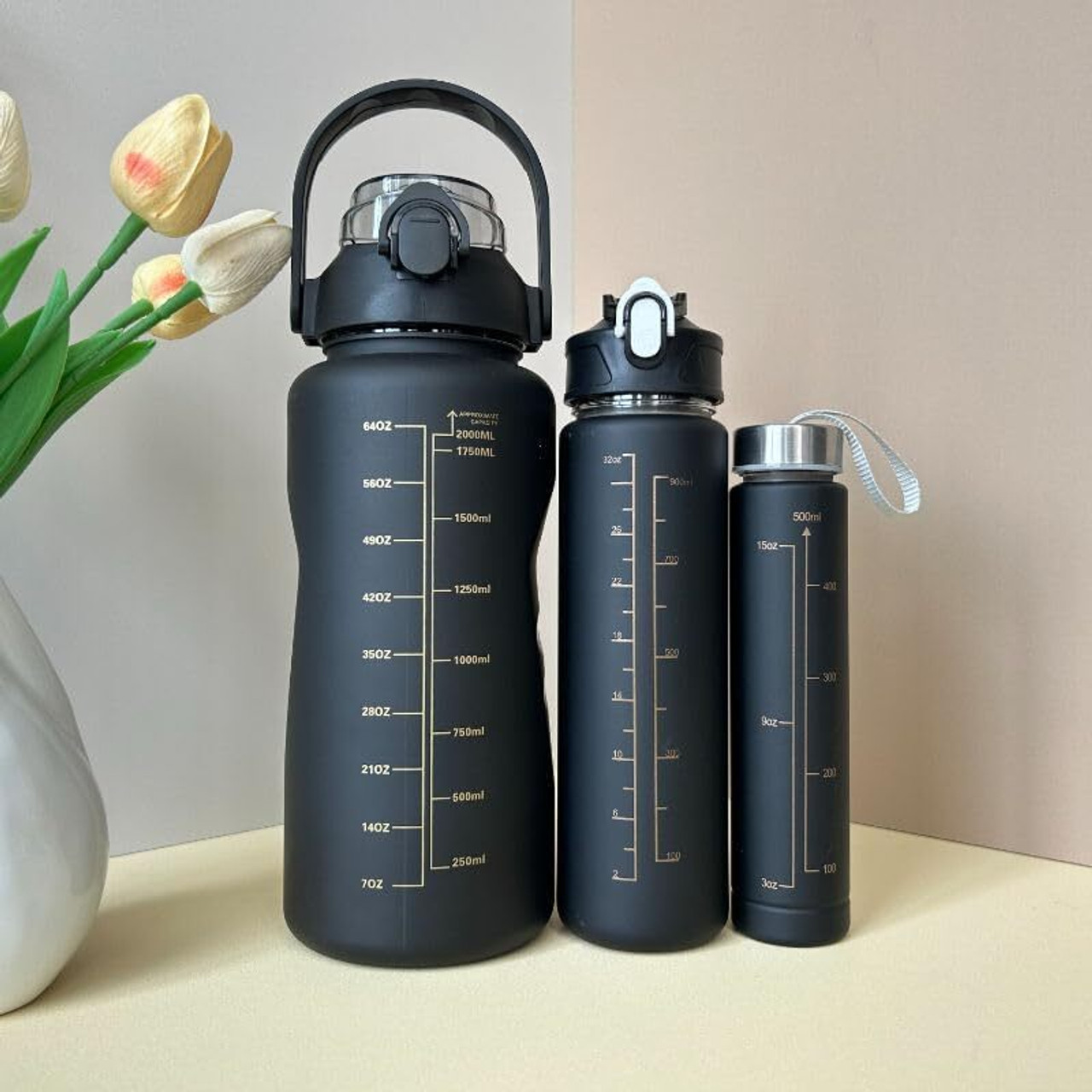 3-in-1 Motivational Black Water Bottle – Just ₹349