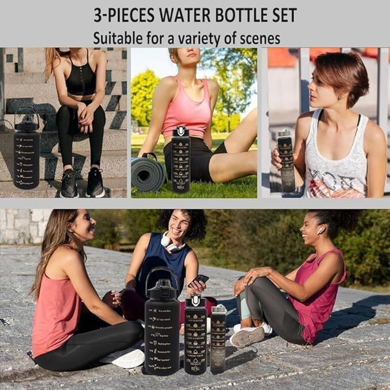 3-in-1 Motivational Black Water Bottle – Just ₹349